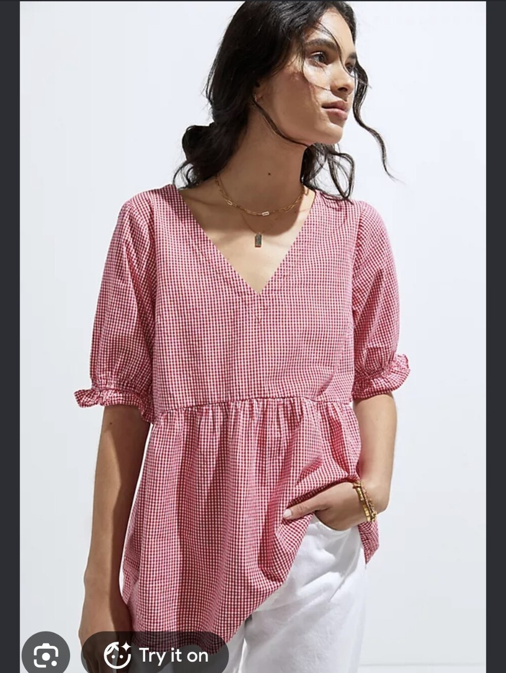 Anthro Maeve 100% Cotton Gingham Babydoll Tunic sz XL Red White Cottagecore Farm